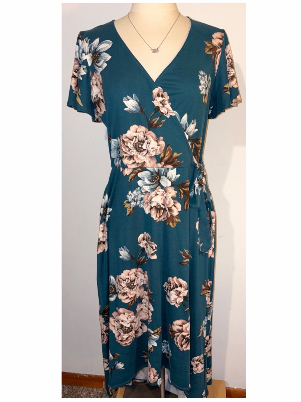 BCX Teal Floral Faux Wrap Dress with Blush Blooms